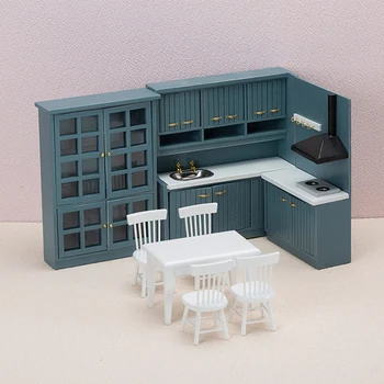 1:12 Miniatiūriniai Lėlių Prabangūs Mediniai Virtuvės Skaitiklis, Spinta Stalo Kėdės rinkinys
