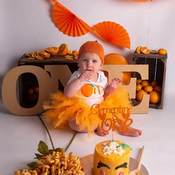 1 Metų mergytę Orange Gimtadienio Tutu apranga 1-ojo Gimtadienio Tutu kostiumas Baby Shower Tutu Sijonas Onesies Lankelis Orange Rinkinys