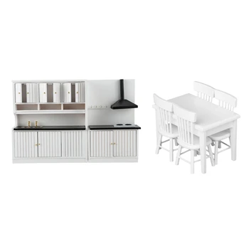 2 Nustatykite 1:12 Miniatiūriniai Lėlių Mediniai Baldai Balti, 1 Komplektas Virtuvės Rinkinys Ir 1 Set Modelis Stalo Kėdė Ėdžiose Rinkinys