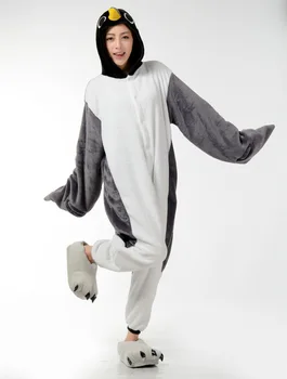 2017 Suaugusiųjų Unsex Vyrų Ir Moterų, Pilka Penguin Onesie Sleepwear Žiemą Šiltas Gobtuvu Pajama Nustatyti Onesie Cosplay Pižama