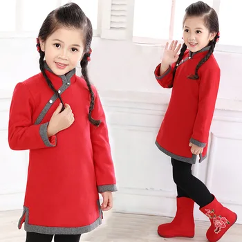 2021 Naują Atvykimo Mergaičių Kinų Stiliaus Cheongsam Vaikams Mergaitėms Ilgomis Rankovėmis Krano Spausdinti Suknelės Surplice Qipao Drabužius Metų