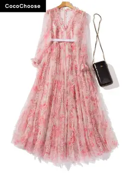 2022 Dizaineris Moterų Vasaros Suknelė kilimo ir tūpimo Tako Mados Long Sleeve V-kaklo Gėlių Spausdinti Paplūdimio Tinklinio Tiulio Maxi Suknelės Suknelė Rožinės spalvos
