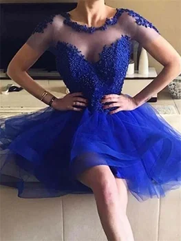 2022 Naujų Mergaičių Royal Blue Lace Homecoming Suknelės Vien Įgulos Kaklo trumpomis Rankovėmis, Tuščiaviduriai Atgal Šalis Baigimo платье на выпускной