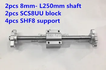 2vnt 8mm - 250mm + 2vnt SCS8UU linijinis blokas + 4pcs SHF8 veleno parama