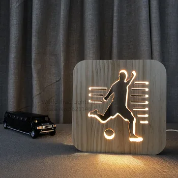 3D Medienos Lempos Futbolo USB LED Lentelė Šviesos Futbolo Žaidėjas Perspėti, Baltas Jungiklis Kontrolės Medžio Drožyba Lempa Lova Lovos Dekoras