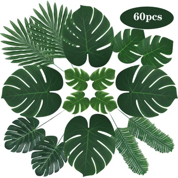 60 Vnt Dirbtiniai Augalai, Monstera Atogrąžų Palmių Lapų Havajų Luan Žaluma Vestuves Apdailos Fotografija