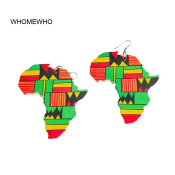 Afrikos Žemėlapio Kontūras Medienos Afrikos Spalvinga Spausdintos Juostelės Trikampis Geometrinis Afro Auskarai 