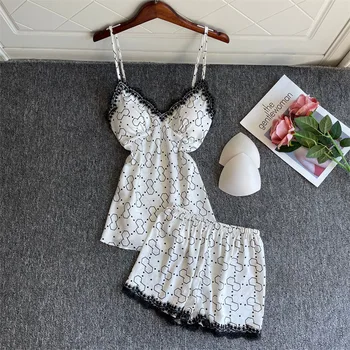 Baltos spalvos Gėlių Spausdinti 2VNT Miego Nustatyti Intymus apatinis Trikotažas Atsitiktinis Namų Drabužių Moterų Pižama Kostiumas Satino Nėriniais Homewear Pižamos