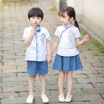 Berniukas Ir Mergaitė Vasarą Kinijos Retro Stiliaus Siuvinėti Hanfu Vaikai Rytų Tradicinės Dviejų Dalių Kostiumas Veiklos Vaidmenų Žaidimas Suknelė