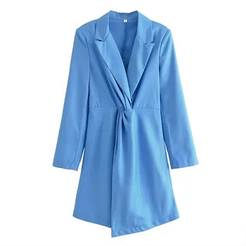 BIR&OYS&ZA2022 Rudens/Žiemos aukštos kokybės moterų mados mėlyna kostiumą su peteliškę apdaila ilgomis rankovėmis suknelė
