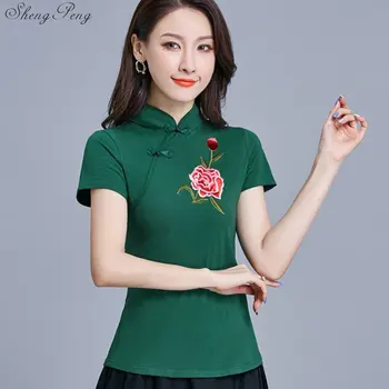 Cheongsam Marškinėliai Tradicinės Kinų Apranga Mergaitės, Siuvinėti Viršuje Kinų Stiliaus Lino Viršuje Mandarinų Apykaklės Marškinėliai Q706