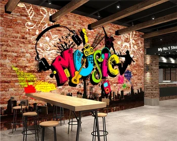 Custom 3d tapetai, freskos miesto muzikos grafiti plytų sienos, KTV įrankiai fono sienos