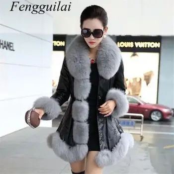 Didelio dydžio moteriški 6XL imitacija fox fur didelis kailių apykaklės storas šiltas moterų oda, kailis ilgas dalyje Slim dirbtiniais kailių paltai paltai