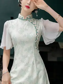 Didelis rankovėmis Žalia Cheongsam Naujas Elegantiškas Aukštos klasės Merginos Pagerino Šviežio Derliaus Vasarą Tradicinės Kinų Qipao Suknelė