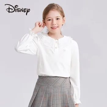 Disney Marškinėliai Mergaitėms Medvilnės Peter Pan Apykaklės Vaikų Animacinių filmų Top ilgomis Rankovėmis, Minkšta Sweet Baby Girl Nėrinius, Drabužių