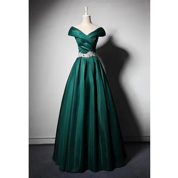 Elegantiškas Satino vakarinę Suknelę Tamsiai Žalia Prom Chalatai V-Kaklo, Rankovių Nėriniai-up Atgal Oficialus