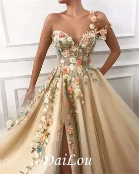 Elegantiškas Vieno Peties Prom Dresses Ilgai 3D Gėlių Nėrinių Aplikacijos Zawalcowany Oficialų Vakare Gown Šalis Suknelės su Aukštos Padalinta 2022