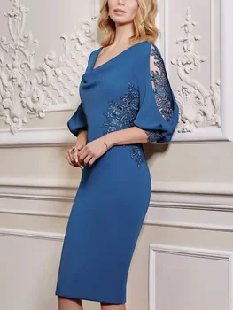 Elegantiškas Šifono Motina Nuotakos Suknelės Vestuvėms Mėlyna Seksualus Appliqued Kelio Ilgis Apvalkalas Suknelės Vakaro Svečias Suknelė 2022