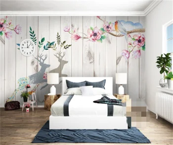Europos ir Amerikos užsakymą 3D akvarelė gėlės dvigubai elnias medienos grūdų miegamasis fone sienų tapybos viešbučio kambarį freskos
