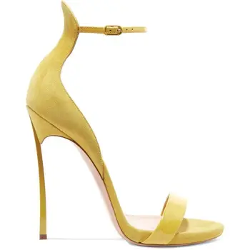 Geltonos zomšos stiletto sandalai odiniai sagtis sandalai padengti kulno vasaros paprasta, aukšti kulniukai, elegantiška suknelė, basutės plius dydis 43