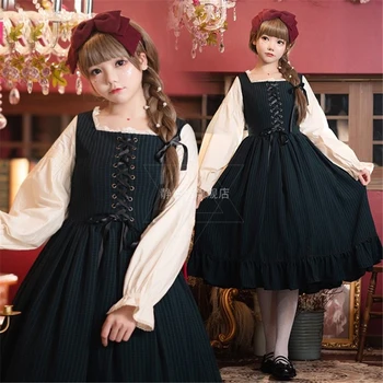 Gothic Lolita Kostiumas Japonų Stiliaus Kawaii Merginos Princess Arbatėlė Suknelė Retro Pynimas Ilgomis Rankovėmis Teismas Square Apykaklės Vestidos