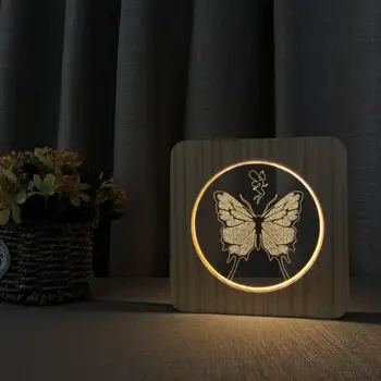 Gražus Gyvūnų Drugelis 3D Medienos Akrilo Lempos Naktį Šviesos Medinės 3D LED Stalo Lempa Šiltai Balta Miegamojo Puošmena mergaitės