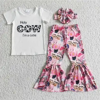 GSPO0033 Baby Girl Drabužiai Balti trumpomis Rankovėmis marškinėliai Viršuje Su Pink Gėlių Bell Kelnes Nustatyti Vasaros Vaikų Drabužiai Mergaitėms
