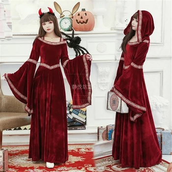 Halloween Carnival Moterų Cosplay Raudona Seksualus Karalienė, Ragana, Vampyras Kostiumas Su Gobtuvu Princesė Retro Viduramžių Gotikos Rūmuose, Ilga Suknelė