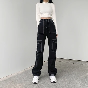 Hip-Hop Kišenės Kratinys Baggy Jeans Mados Streetwear Moterų Džinsinio Audinio Kelnių Prarasti Krovinių Kelnės Korėjos Pločio Kojų Džinsus Harajuku