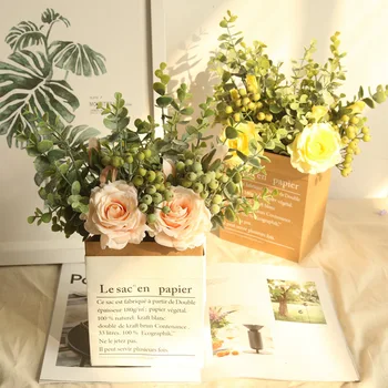 INS vėjo modeliavimas Eukalipto augalai, rožės puokštė dirbtinių gėlių, vestuvių dekoravimas ekranas vainikas puokštė netikrą gėlių sienos