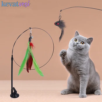 Interaktyvi Katė Žaislas Modeliavimas Paukščių Plunksnų Cat Stick su siurbtuko Juokingas Kačiukas Chase Žaisti Žaislai Erzina Klijuoti Katė Prekes