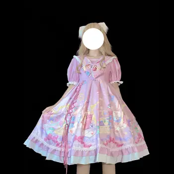 Japonijos Saldus, Minkštas Girl Lolita Dress Vasaros 2021 Naujų Gražių Arbatėlė Lankas Mazgas Kawaii Princesė Suknelė Trumpomis Rankovėmis