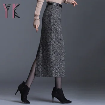 Juostele Derliaus Atgal Plyšio Vilnos Mišinys Midi Sijonai Elegantiškas Korėjos Slim Rudens Žiemos Moterys 2021 Sukienka Aukšto Juosmens Estetinės Saia