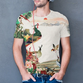 Kinų Stiliaus Aukštos kokybės Gėlių T Marškinėliai Vyrams Vasaros Atsitiktinis marškinėliai Medvilnės Phoenix Gyvūnų Grafinis Tee Mados Harajuku Viršų