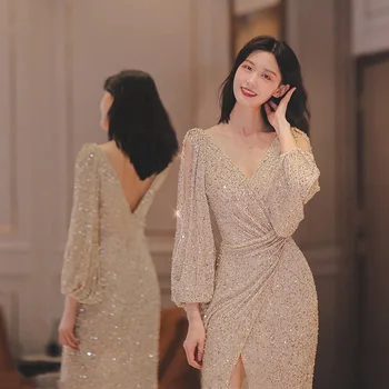 Korėjos Stiliaus Oficialų Prom Dresses Moterų Aukšto Padalinta Blizgučiais Visą Rankovės Varčias Seksualus Inscenizacija Suknelė Grindų Ilgio Suknelės, Šaliai