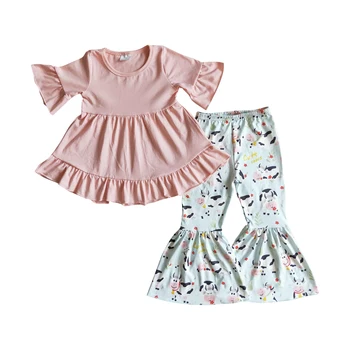 Kūdikiams, kūdikių mergaitės trumpas rankovės rožinė tunika viršuje aukštikalnių karvės varpas kelnes 2vnt aprangą vaikų mergaičių pavasario vasaros boutique apranga
