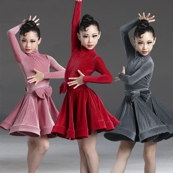 Lotynų Šokių Konkurencijos Suknelės Vaikų Praktika Drabužiai Mergaitėms ilgomis Rankovėmis Aksomo Suknelė Balus Etape Dancewear DL6163