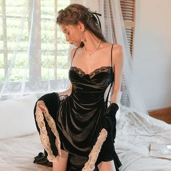 Mados naujasis prancūzijos seksualus aukso aksomo apynasrio suknelė gali būti derinamas su prabanga, aukštos klasės išorinis apdaras seksualus sleepwear apatinis trikotažas