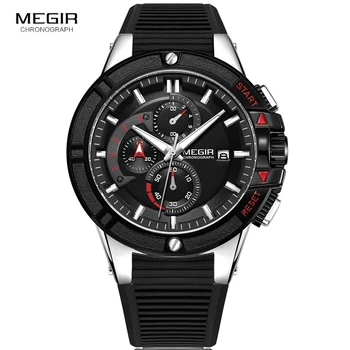 MEGIR Vyrų Karinės Sporto Chronograph Watches Silikono Armijos Kvarcinis Laikrodis Relogios Masculino Top Brand 2095 Sidabro Juoda