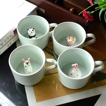 Mielas Kavos Puodelis Keramikos 3D Animacinių filmų Gyvūnų Tarnybos Panda Vandens Arbatos Puodelio Katė Stalo Pieno Sulčių Puodelis Su Šaukšteliu Padengti Gimtadienio Dovana