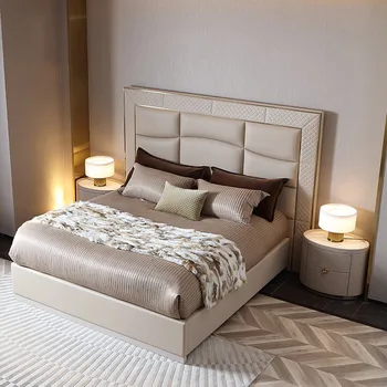 Modernios šviesos prabangių medžio masyvo odos dvigulė lova, didelė butas miegamojo high-end baldai S6 naujas produktas