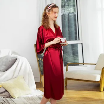 Moterų Mados Seksualus V-Kaklo, Šilko Imitacijos Atsitiktinis Elegantiškas Homewear Grynos Spalvos Minkštas Ilgas Chalatas, Sleepwear Karšto