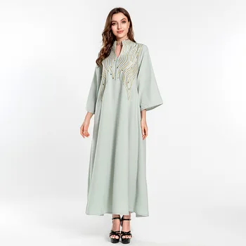 Musulmonų Mados Siuvinėjimo Suknelė Abaja Moterų Limitated lino laisvo Stiliaus Stovėti Apykakle ilgomis Rankovėmis Kaftan Dubajus Islamas Drabužiai