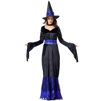 Mėlyna Juoda Moterų Spalvingi Ragana Kostiumas Ilgai Fancy Dress Helovinas Karnavalas Puras Šalis, Cosplay Kostiumai