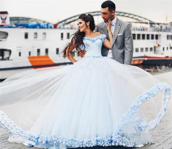 mėlyna kamuolys suknelė vestuvių suknelės 2020 mylimųjų Rankų 3D gėlės puošnios nuotakos suknelė vestuvių suknelė plius dydis vestido de noiva