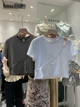 Namou Drane korėjos 2022 m. Vasarą Naujų Peties Trumpi marškinėliai Kieto Spalvų Slim Top Moterų Grafinis T Marškinėliai