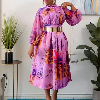 Nauja Afrikos Spausdinti Suknelės Dashiki Ankara Mantijų iki 2022 m. Pavasarį Ilgai Rankovių Stovėti Apykaklės Derliaus Moterų Mados 3XL Plius Dydis Suknelė