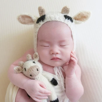 Naujagimiui Fotografijos Prop Nėrimo Megzti Beanie kepurė su iškamša Karvė Lėlės Žaislų Rinkinys Kūdikių Drabužiai Kostiumas