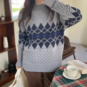 Naujas 2021 rhombic žakardo retro tingus stiliaus megztinis ilgomis rankovėmis megztinis