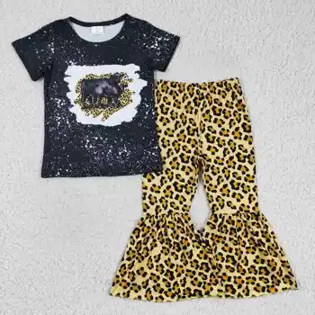 naujas atvykimo kūdikių mergaitės, apranga, juodos spalvos trumpomis rankovėmis galvijų modelis leopard print bell-nuosėdos, vasarą rudenį vaikai drabužių rinkiniai